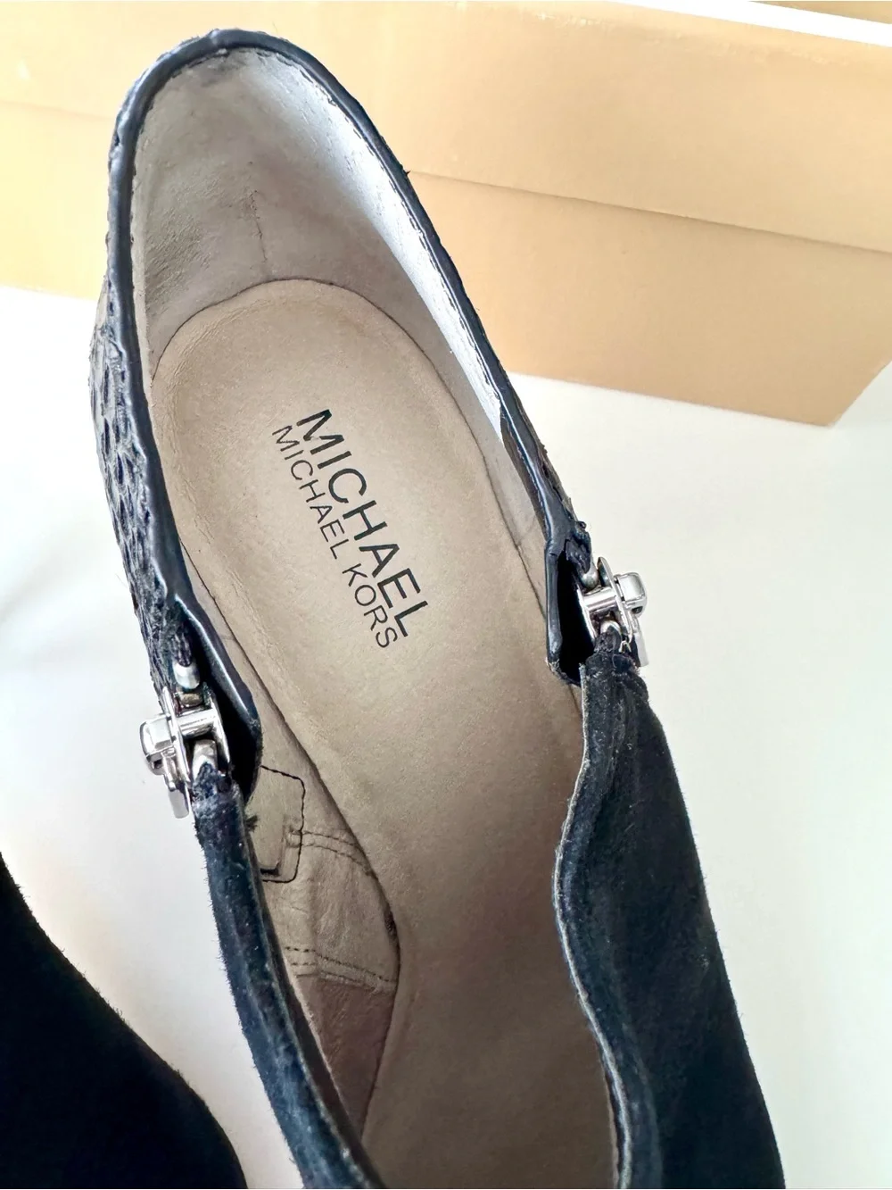 Michael Kors Black Suede & Embossed Leather Stiletto Ankle Booties, size 9M